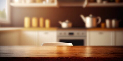 wooden table top on blurred kitchen background