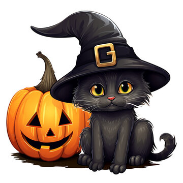 black cat wearing witch hat beside pumpkin clip art preview