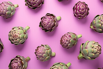 Top view of artichoke vegetables on pastel violet background - obrazy, fototapety, plakaty