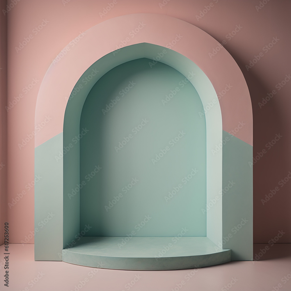 Poster empty seafoam green concrete arch display podium with a unique pattern, illuminated by soft and ethe