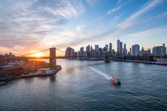 Brooklyn Bridge at sunset, New York City, USA - Powered by Adobe