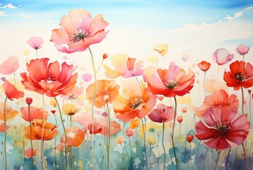 Background with colorful flowers and white clouds.