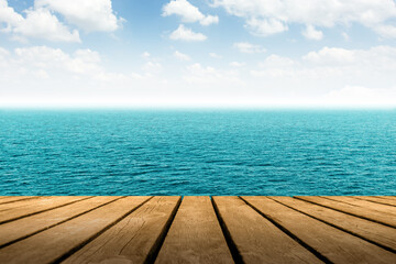 Summer travel landscape view of blue Sea with wooden plank to place products