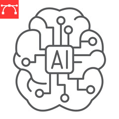 AI brain line icon, technology and artificial intelligence, human brain with microchip vector icon, vector graphics, editable stroke outline sign, eps 10.