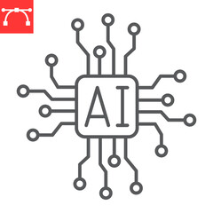 AI chip line icon, technology and artificial intelligence, embedded device vector icon, vector graphics, editable stroke outline sign, eps 10.
