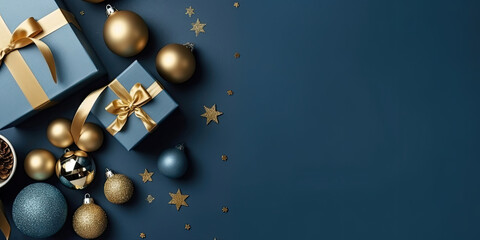 dark blue elegant Christmas background with golden Christmas balls, gifts and stars. X-Mas concept banner with negative space to the right.