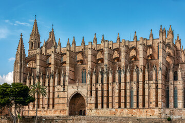 Gothic medieval cathedral La Seu and Royal Palace of La Almudaina. Capital city Palma de Mallorca....