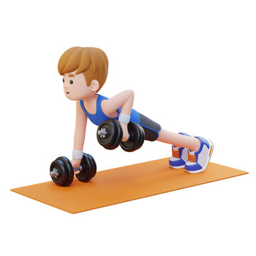 3D Sportsman Character Performing Dumbbell Push Up Row