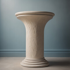 Vacant ivory beige cement curved pedestal with a subtle pattern, adorned with soft and beautiful dappled sunlight, against a pale blue wall for a luxurious background for organic cosmetics, skincare, 