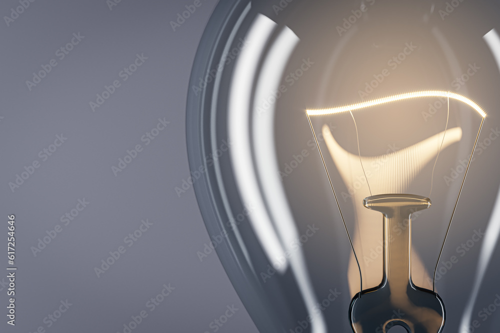 Poster abstract glass light bulb with reflections and mock up place on gray background. idea, success and i