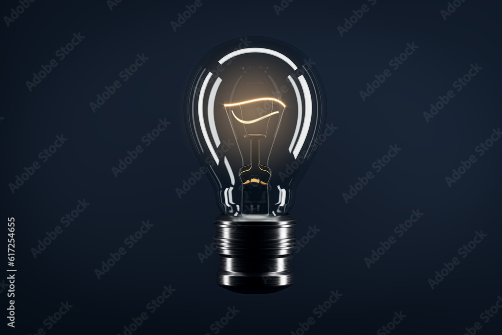 Poster creative glass light bulb with reflections and mock up place on dark background. idea, success and i