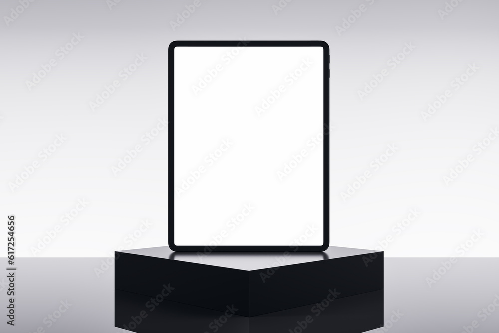 Poster Empty white tablet on pedestal and light background with mock up place. Product placement, technology presentation concept. 3D Rendering.