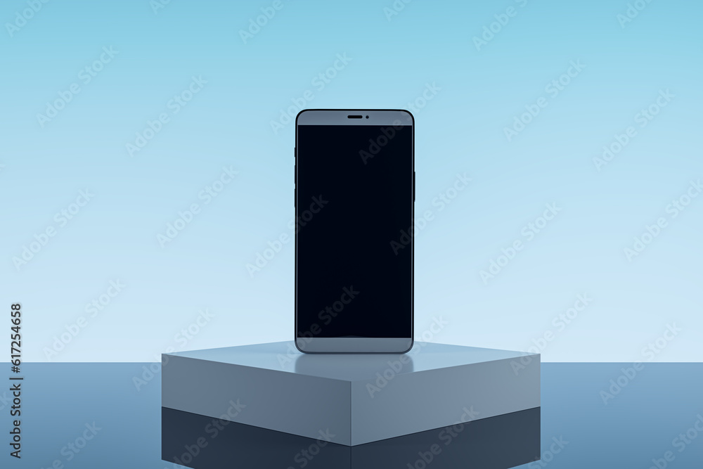 Poster empty mobile phone on pedestal and blue background with mock up place. product placement, technology