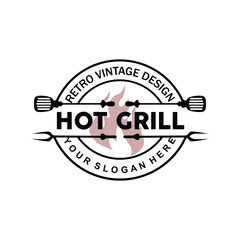 Barbeque Logo, Hot Grill Design With Fire And Spatula, Vector BBQ Grill Vintage Tripography, Retro Rustic Logo For Cafe, Restaurant, Bar