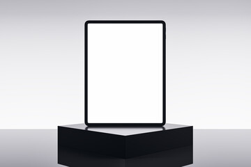 Empty white tablet on pedestal and light background with mock up place. Product placement,...