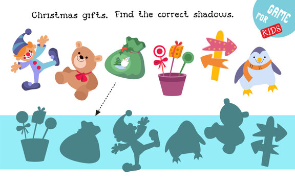 Find correct shadow. Educational puzzle game for children. Cute cartoon characters. Christmas gifts. Isolated vector illustrations on white background. 