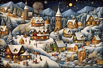 Christmas village night landscape. Winter snowy cozy street with lights in houses.  Winter holidays night time backdrop. Merry Christmas vintage retro illustration. Generative AI