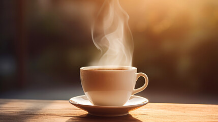 A cup of freshly brewed coffee steaming in the soft morning light, a moment of tranquility captured against a calm beige background. Generative AI