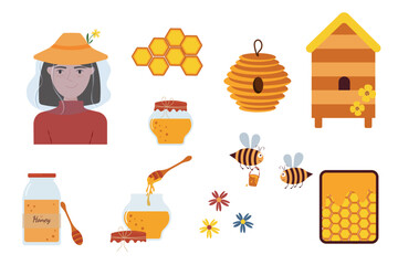 Bees set Cute honey clipart, bee honey elements. Hive honeycomb pot spoon beekeeping.