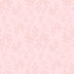 Seamless Leaf Pattern, Branches With Leaves Ornament Texture, Pink Background.