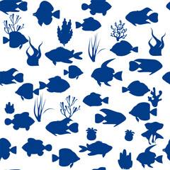 Tropical fishes, seaweed seamless pattern silhouette style. Cute funny underwater characters