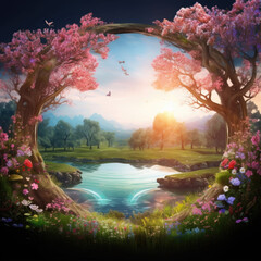 A beautiful fairytale garden with flower arch and colorful greenery. Digital Painting Background