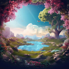 Fototapeta na wymiar Fantasy beautiful landscape with magic portal in mystic fairy landscape.