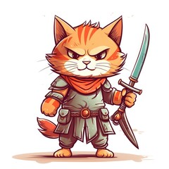 cute animal of anthropomorphic cat as warrior on isolate white background full bod. Generative AI illustration.