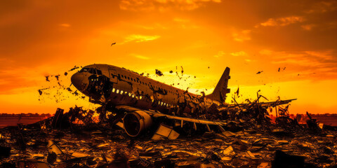 Captivating airplane wreckage silhouetted against a brilliant sunset, with fragments suspended mid-air, creating a surreal and emotional moment above a city. Generative AI
