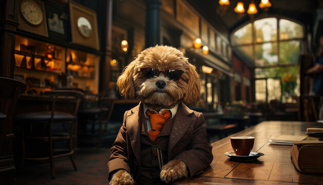 Cool gentleman dog wearing a suit and sunglasses in a caf&eacute;. Generative AI illustrations