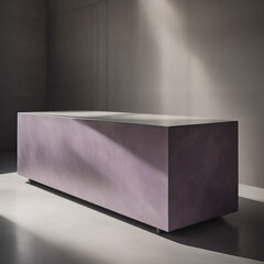 Vacant plum purple concrete counter podium with a smooth curve and intricate texture, illuminated by gentle and captivating dappled sunlight against a soft gray wall
