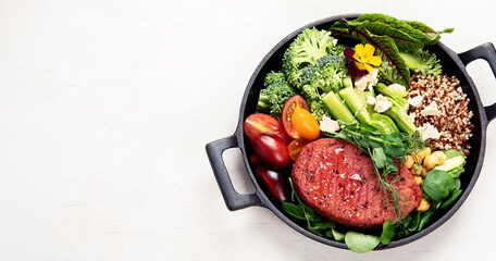 Healthy vegetarian and vegan dish with vitamins, antioxidants, protein on light background.