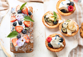 Dessert table. Top view, Summer cake with berries. Healthy dessert concept.
