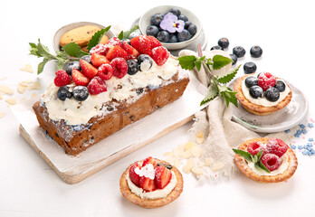 Dessert table. Top view, Summer cake with berries. Healthy dessert concept.