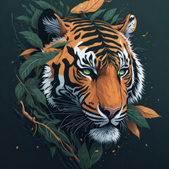 Fantasy watercolor painting of a tiger with swirling leaves against a green backdrop.generative AI