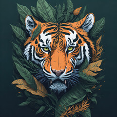 Obraz premium Fantasy watercolor painting of a tiger with swirling leaves against a green backdrop.generative AI