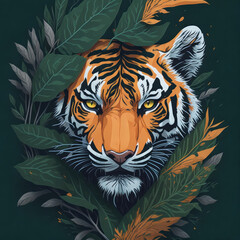 Obraz premium Fantasy watercolor painting of a tiger with swirling leaves against a green backdrop.generative AI