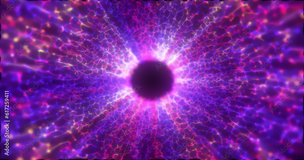 Poster abstract purple energy tunnel made of particles and a grid of high-tech lines with a glowing backgro