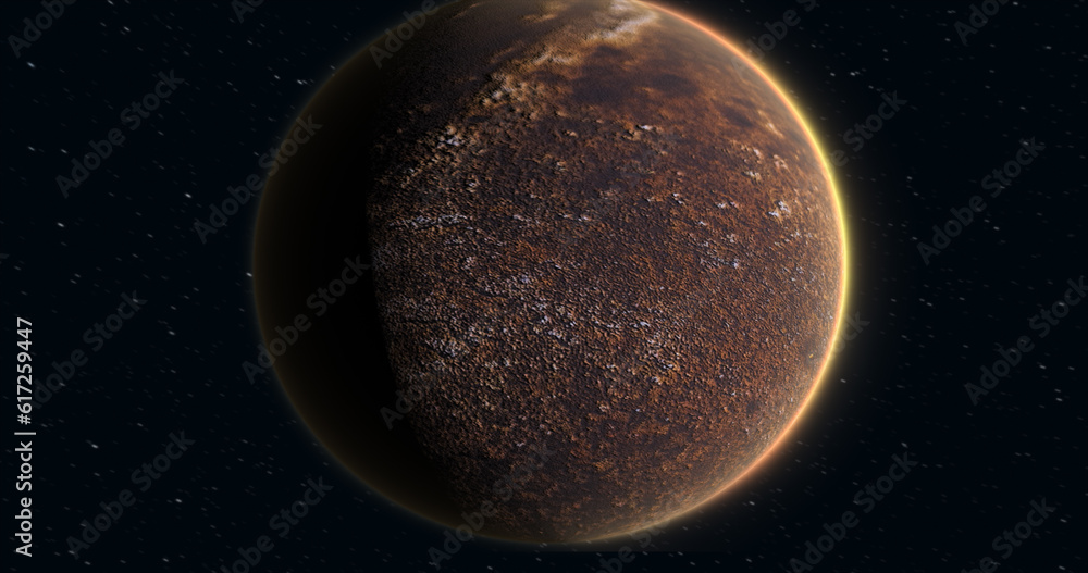 Poster abstract planet red rusty realistic futuristic round sphere against the background of stars in space