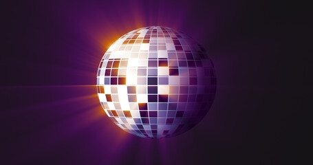 Abstract purple mirrored spinning round disco ball for discos and dances in nightclubs 80s, 90s luminous background