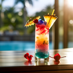 Colorful cocktail with summer pool background