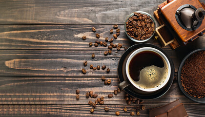 Obraz na płótnie Canvas Coffee background, top view with copy space. Black cup of coffee, ground coffee, mill, bowl of roasted coffee beans on dark wooden background