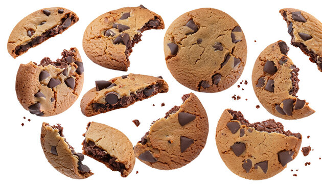 Chocolate chip cookies falling over a transparent background