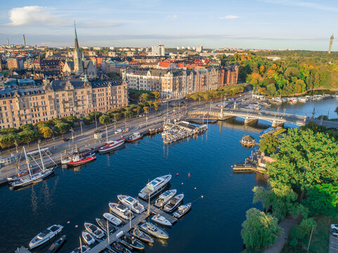 Sweden Stockholm Aerial view of Strandvagen boulevard and Ostermalm district on a sunny day sunset