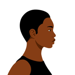 Vector illustration of an african woman with a buzz cut, female side profile, relaxed face with open eyes flat illustration.