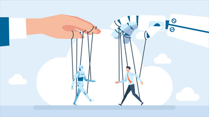 A person manipulates a robot. Artificial intelligence controls the man. Interdependence of humanity and technology. Freedom concept. Artificial Intelligence technology. Flat illustration
