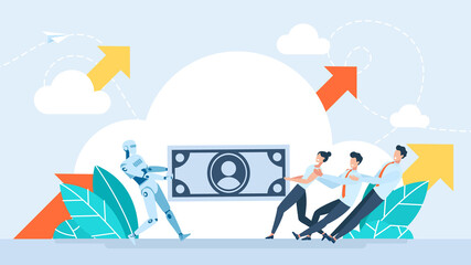Competition of artificial intelligence with humans. Robot takes away work and money from workers. People team tug money of war battle with robot. Human vs cyborg competition. Flat illustration - obrazy, fototapety, plakaty