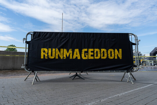 Runmageddon logo sign. Extreme run with obstacles course. Competition signboard with logotype on May 13, 2023 in Krakow, Poland.