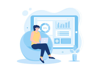 People analyzing growth chart, trending flat illustration