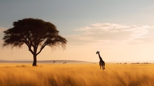 giraffe in the savannah created with Generative AI